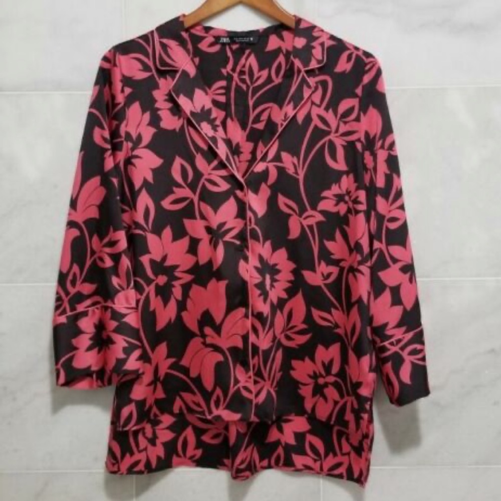 Zara pink floral three-quarter sleeve pajama blouse